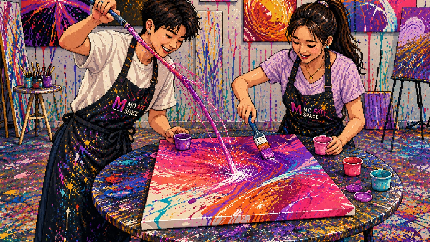 Pixel-art illustration of two people in paint-spattered aprons pouring and brushing pink and purple paint across a large canvas laid flat on a table, finished splatter works on the wall behind.