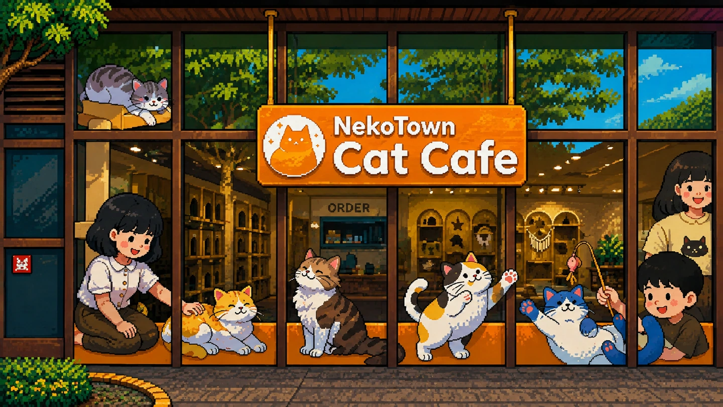 Pixel-art illustration of the NekoTown Cat Cafe shopfront at Mandai, visitors sitting among cats behind the window and the cafe sign above them.