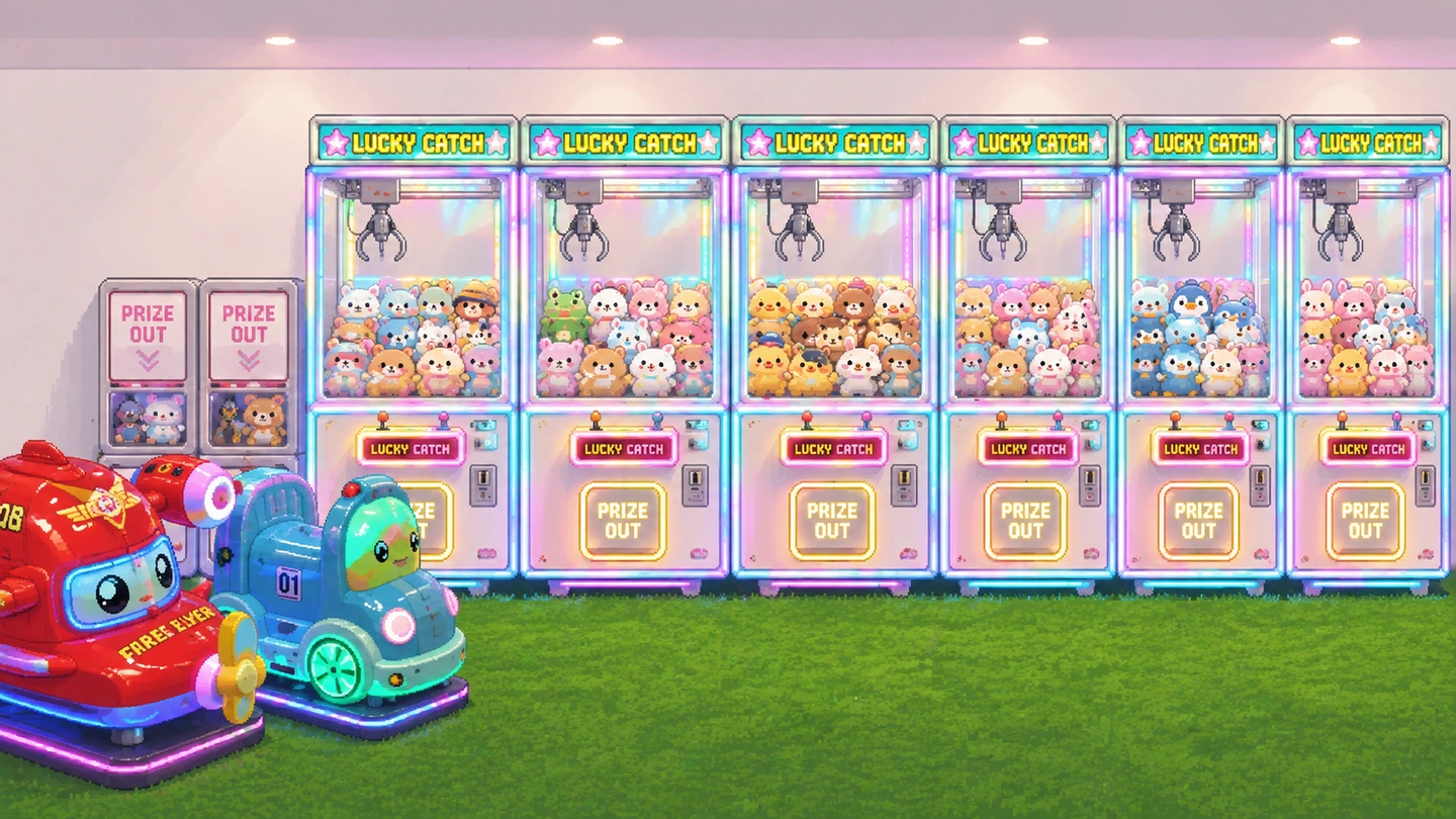 Pixel-art illustration of a row of lit claw machines full of soft toys at Ninja Arcade, with two kiddie rides beside them.