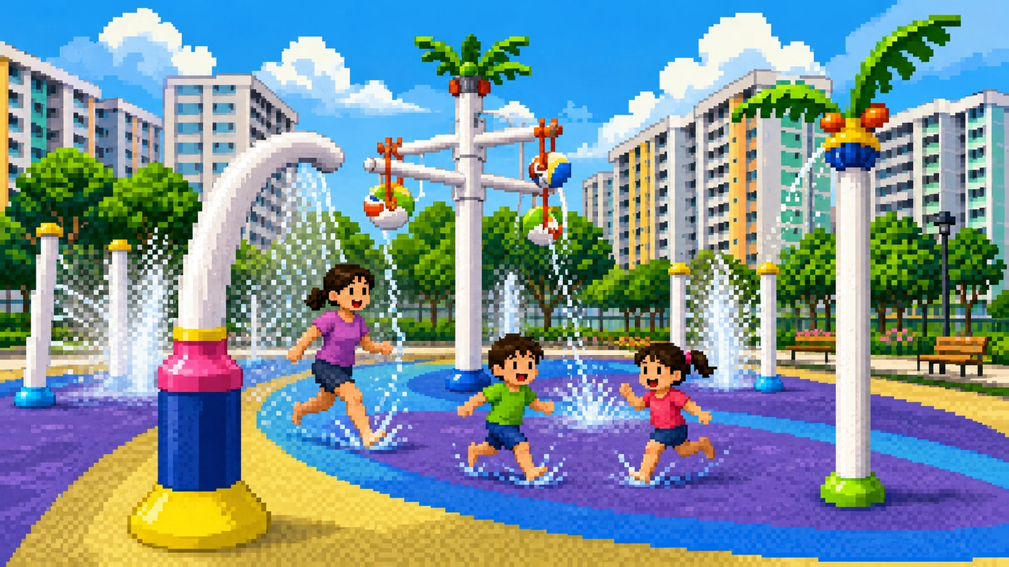 Pixel-art illustration of three children running through the splash fountains at Oasis Waterpark in Nee Soon East, HDB blocks and trees behind them.