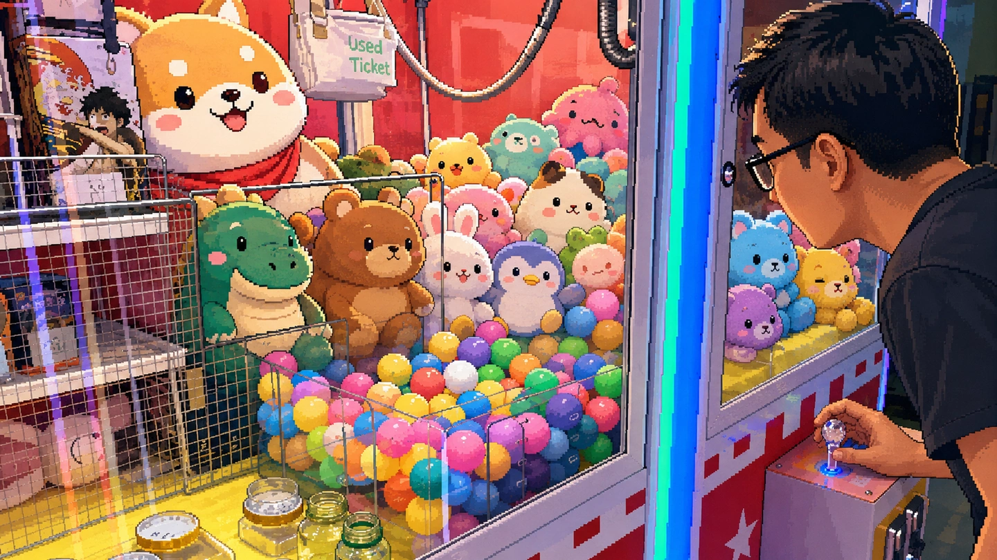 Pixel-art illustration of a man at the joystick of a claw machine, leaning in to line up a grab over a cabinet packed with soft toys and coloured capsule balls.
