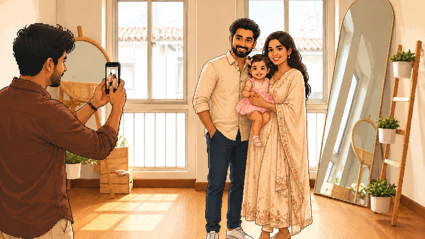 Pixel-art illustration of a family with a baby being photographed in a sunlit studio at One Click Studio, tall shuttered windows behind them and a full-length mirror and plants along the wall.