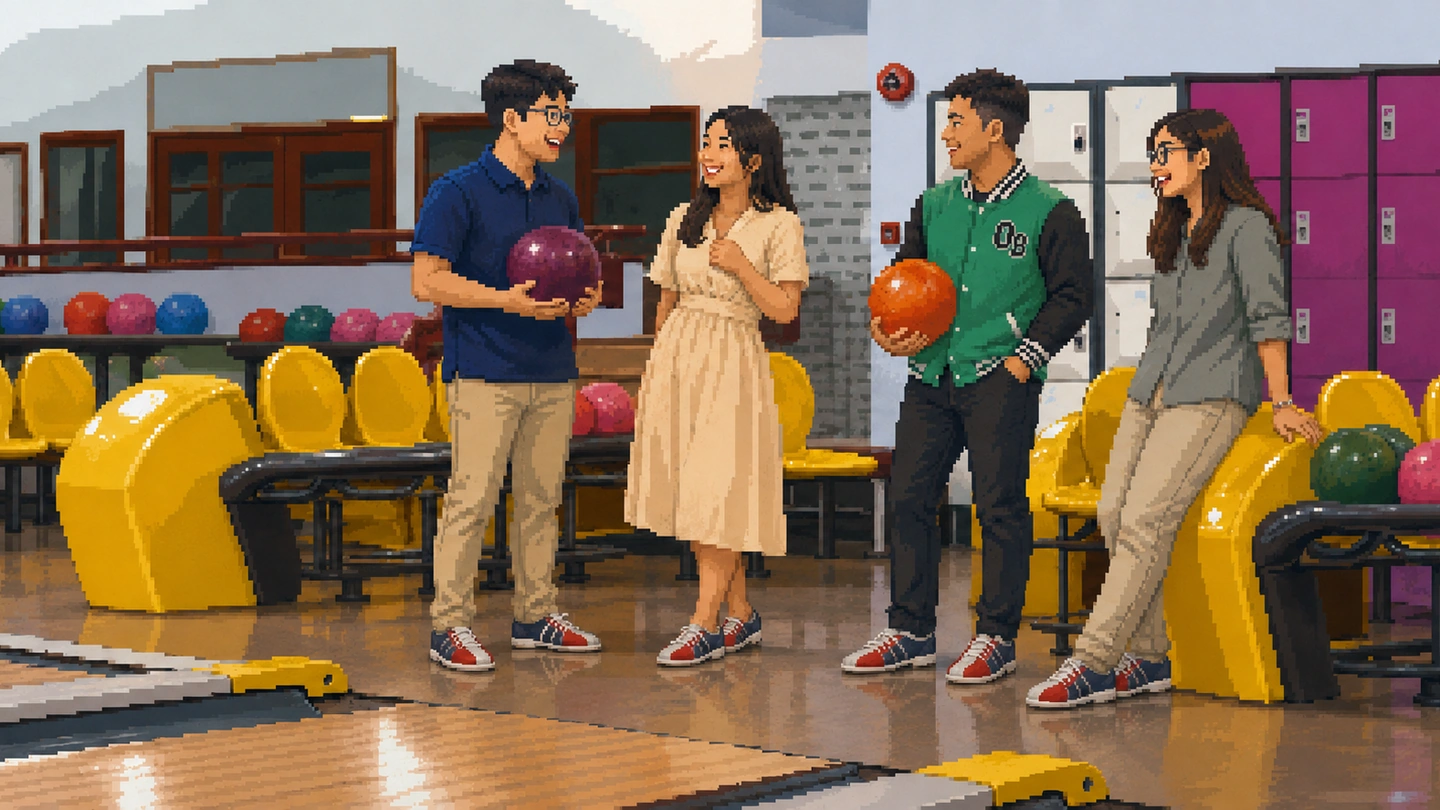 Pixel-art illustration of four friends in bowling shoes chatting behind the lanes at Orchid Bowl, ball racks and yellow seating around them.