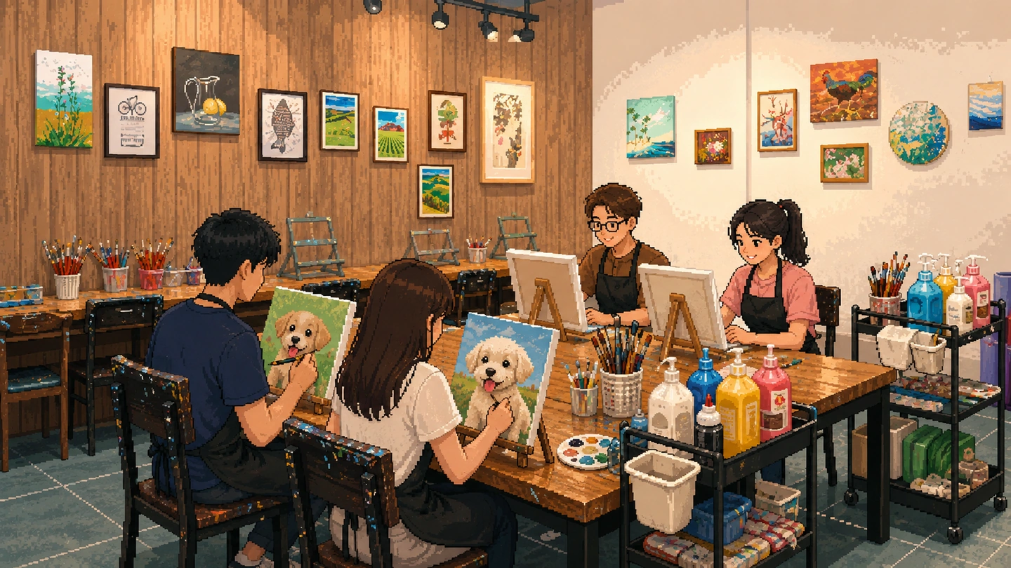 Pixel-art illustration of four people in aprons painting dog portraits at a long wooden table, paint bottles and brush jars beside them and finished canvases covering the walls.