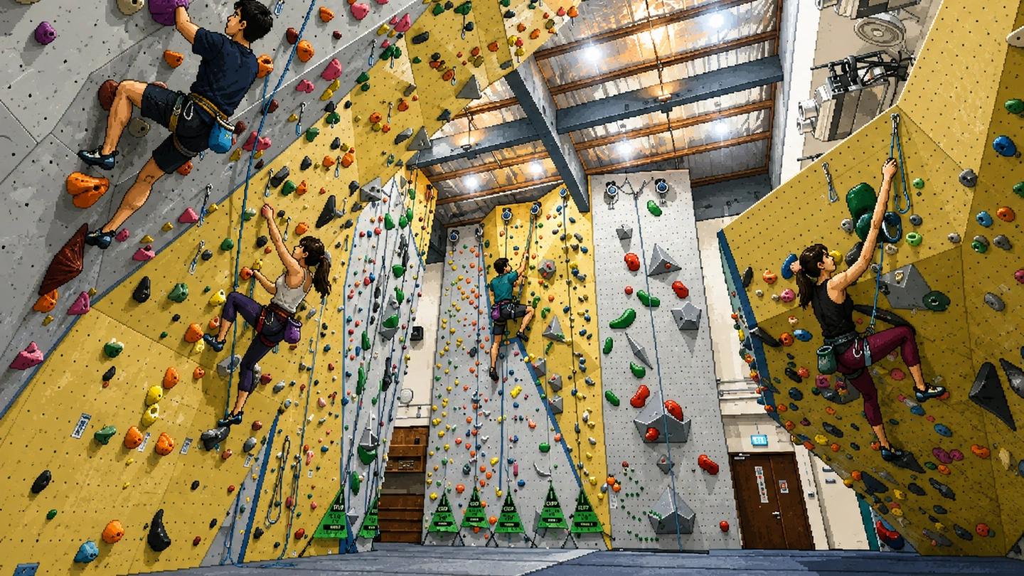 Pixel-art illustration of four climbers on roped routes up tall yellow and grey walls at Outpost Climbing, holds in every colour marking the lines and roof beams high above them.