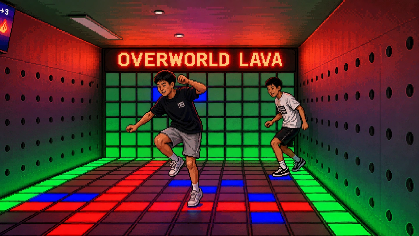 Pixel-art illustration of two players leaping between lit floor tiles in the Overworld Lava room, green safe squares and red lava squares underfoot and the neon sign glowing above them.