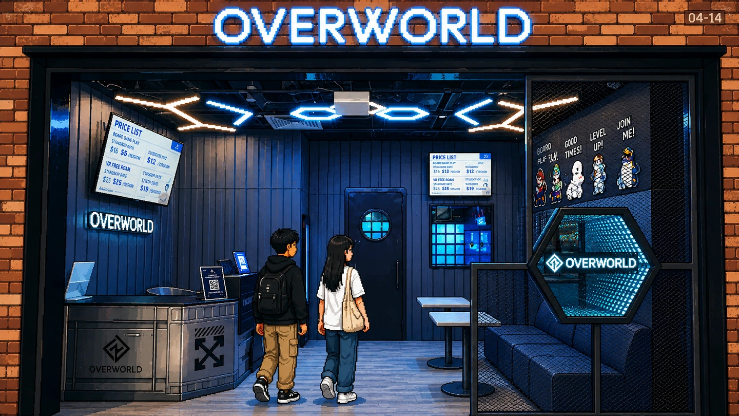 Pixel-art illustration of two visitors walking into the Overworld VR shopfront past the check-in counter, the blue neon sign overhead and a lit hexagonal logo beside the seating area.