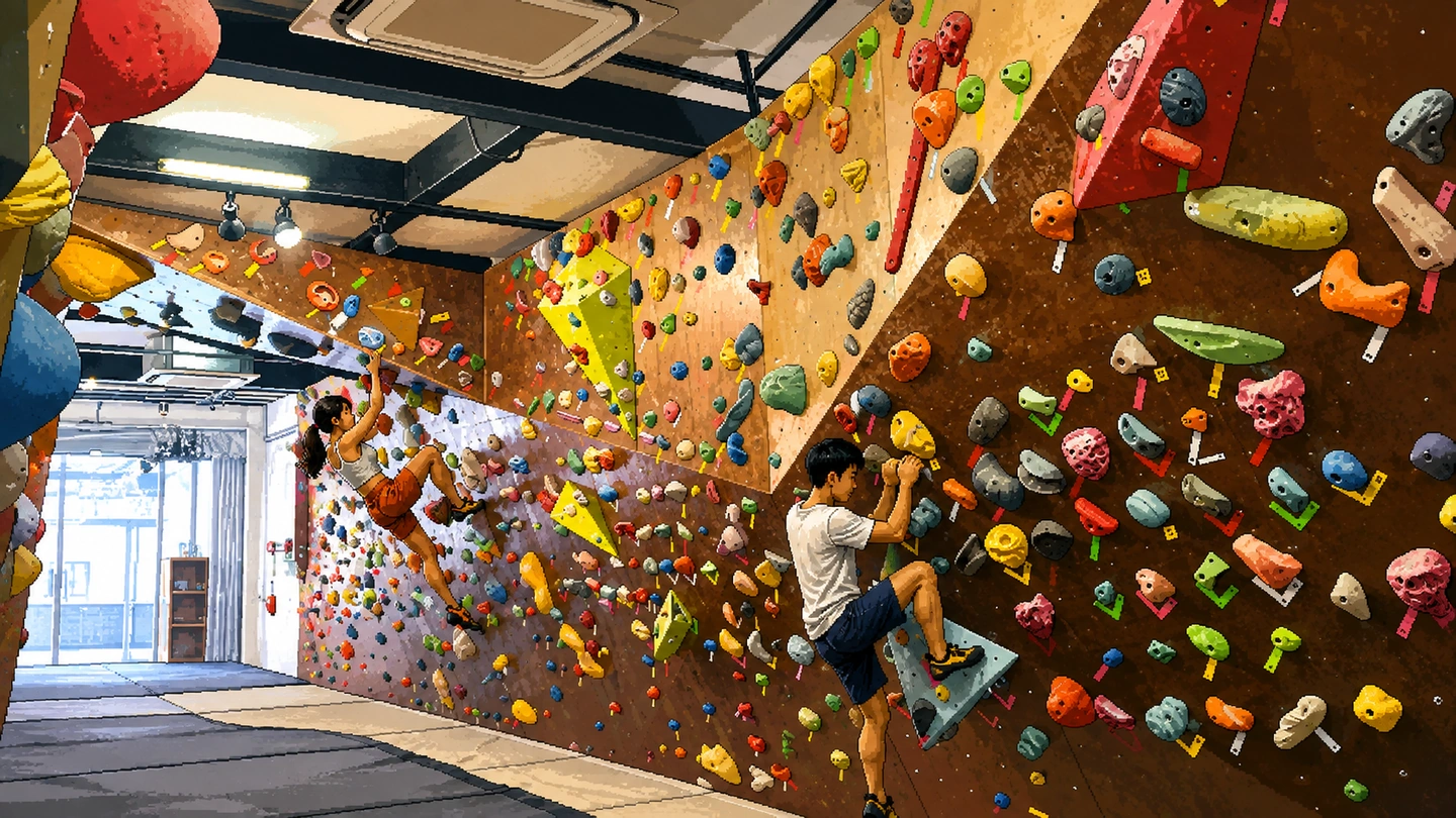 Pixel-art illustration of two climbers on steeply overhanging plywood bouldering walls, holds and coloured route tags across the panels and daylight from the doorway behind.