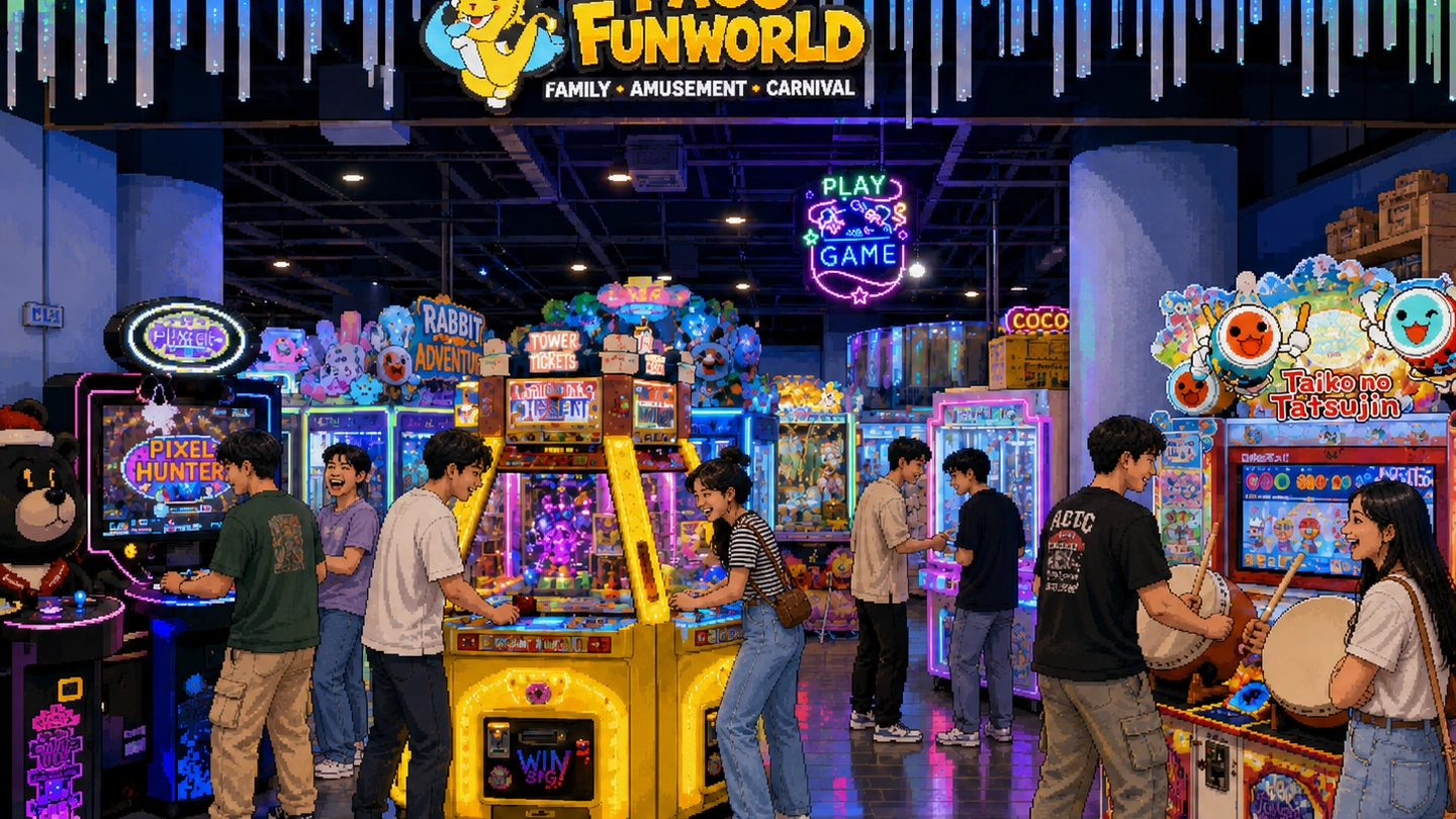Pixel-art illustration of friends playing ticket redemption games and taiko drums under the lit Paco FunWorld sign, claw machines and prize displays filling the arcade floor behind them.