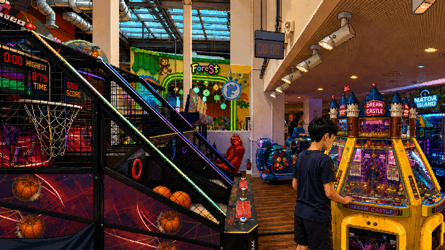 Pixel-art illustration of the Paco FunWorld floor, basketball machines along one side and a boy playing a lit Dream Castle prize cabinet on the other, the soft play area behind.