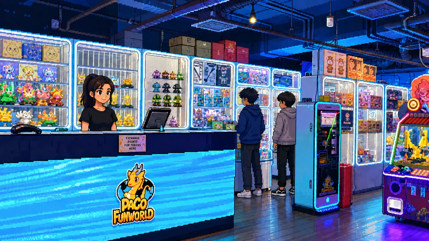 Pixel-art illustration of the Paco FunWorld prize counter, staff behind a lit branded desk backed by cabinets of collectible figures, with two customers choosing at the displays.