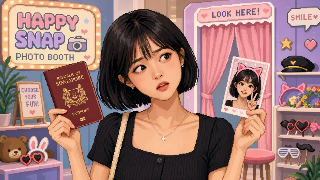 Pixel-art illustration of a woman in a photo booth holding a Singapore passport in one hand and a photo strip of herself in cat ears in the other, looking unconvinced.