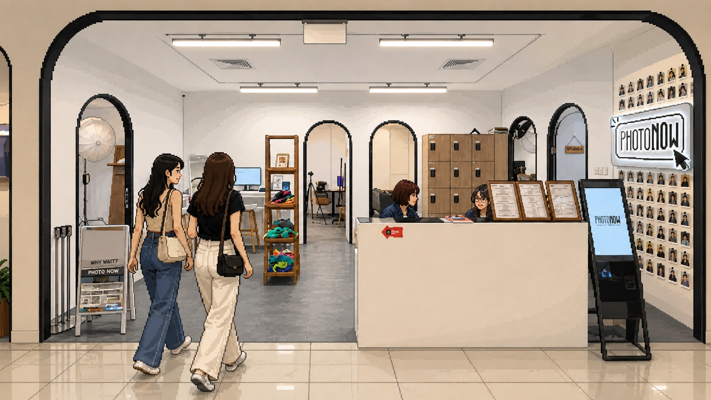 Pixel-art illustration of two women walking into the PhotoNow studio past the front counter, arched doorways leading to shooting rooms and a wall of sample portrait strips beside the lit sign.