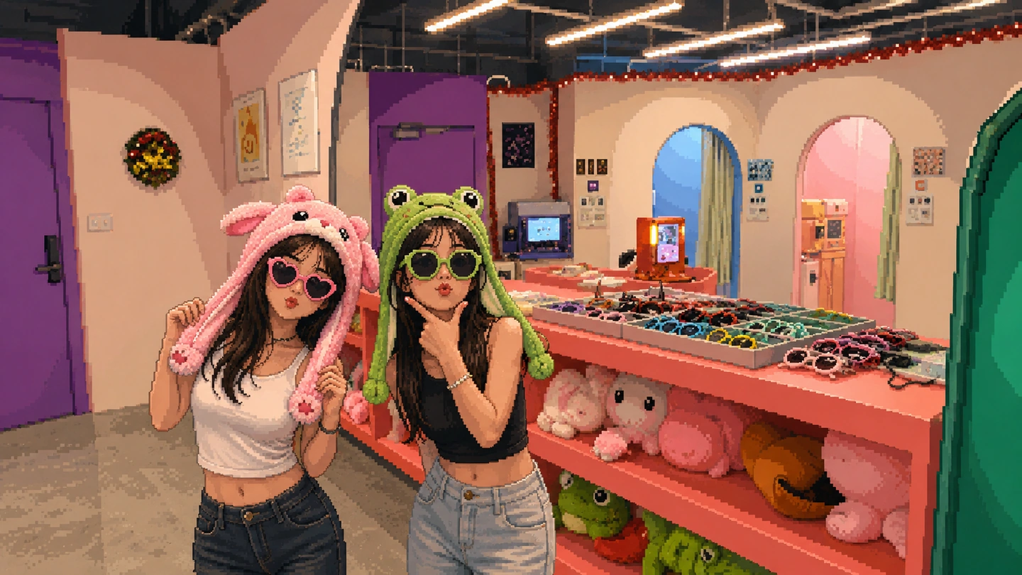 Pixel-art illustration of two women in animal hats and novelty sunglasses posing beside the prop shelves at a self-photo studio, booth curtains and printing kiosks behind them.