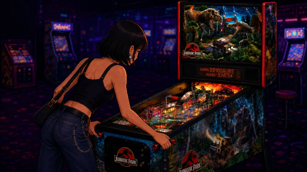 Pixel-art illustration of a woman playing a Jurassic Park pinball machine in a dark arcade, cabinets glowing in the background.