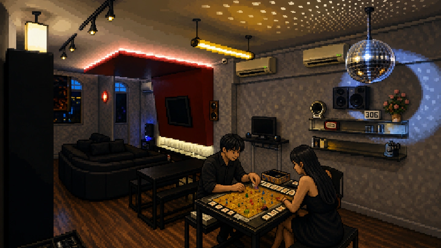 Pixel-art illustration of a private room at Pixels and Pieces Chinatown, two people mid-game at a board game table under a mirrorball, with a sofa and karaoke screen behind them.