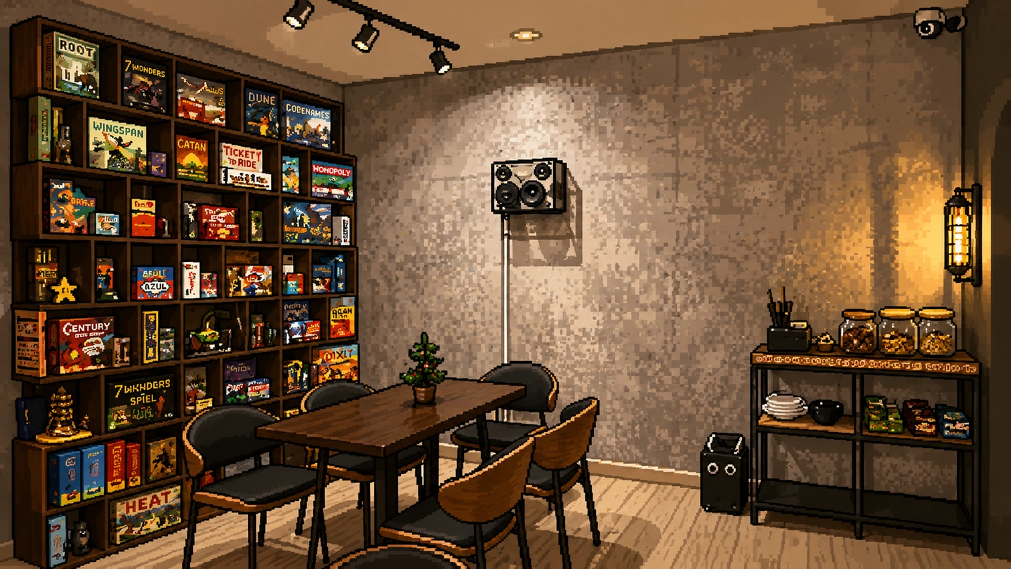 Pixel-art illustration inside Pixels and Pieces at Serangoon Garden, showing a full wall of board games beside a table set for six under warm lighting.