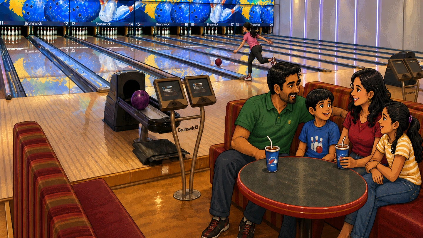 Pixel-art illustration of a family sitting together at a table beside the lanes at Planet Bowl, a child bowling in the background.