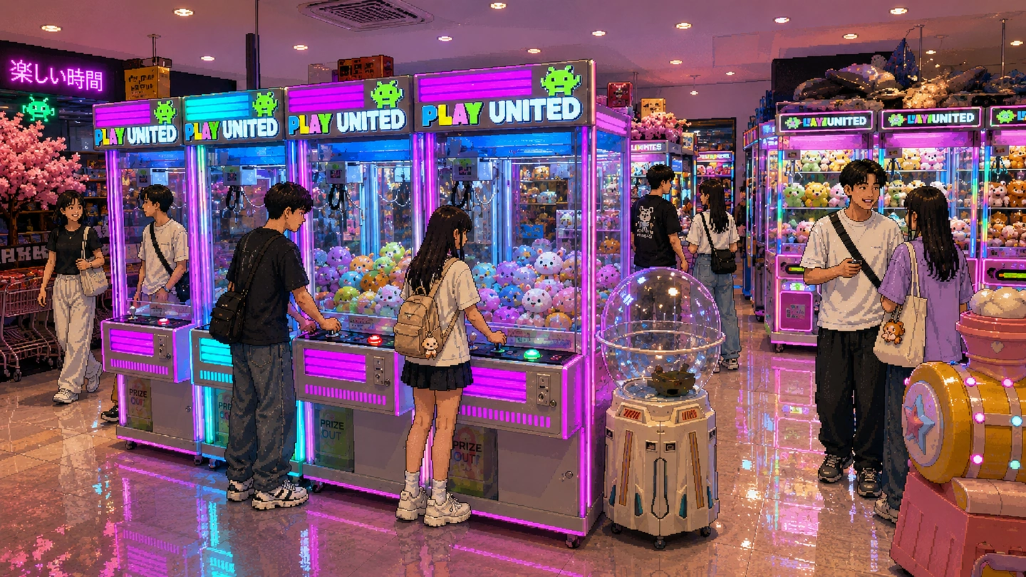 Pixel-art illustration of young people playing a row of neon-lit Play United claw machines packed with soft toys, a capsule dispenser beside them and more machines down the aisle.