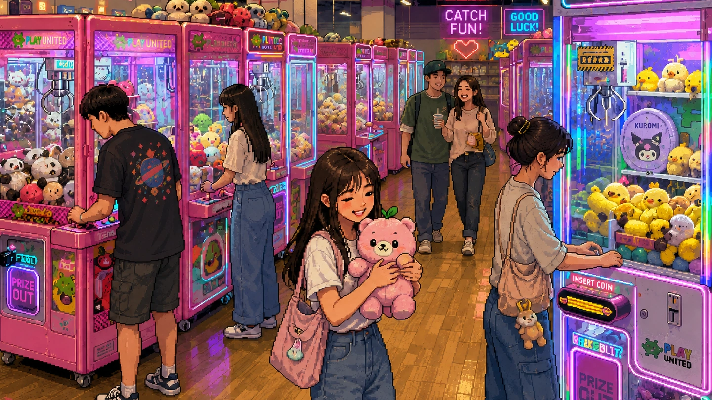 Pixel-art illustration of a young woman walking away from the Play United claw machines holding the pink bear she has just won, others still playing the pink-lit cabinets either side of the aisle.