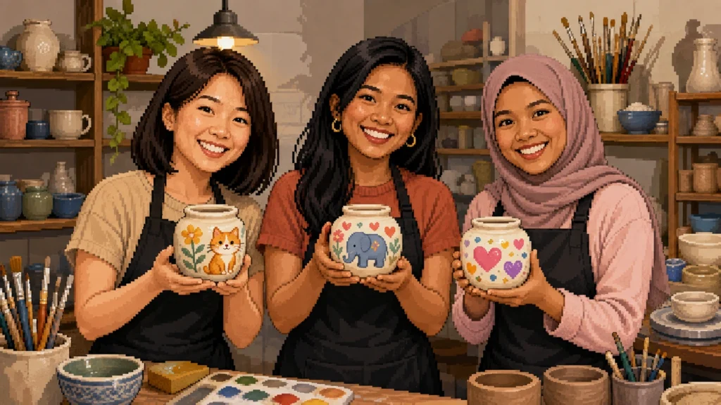 Pixel-art illustration of three women in aprons in a pottery studio, each holding up a painted ceramic pot, shelves of glazed work behind them.