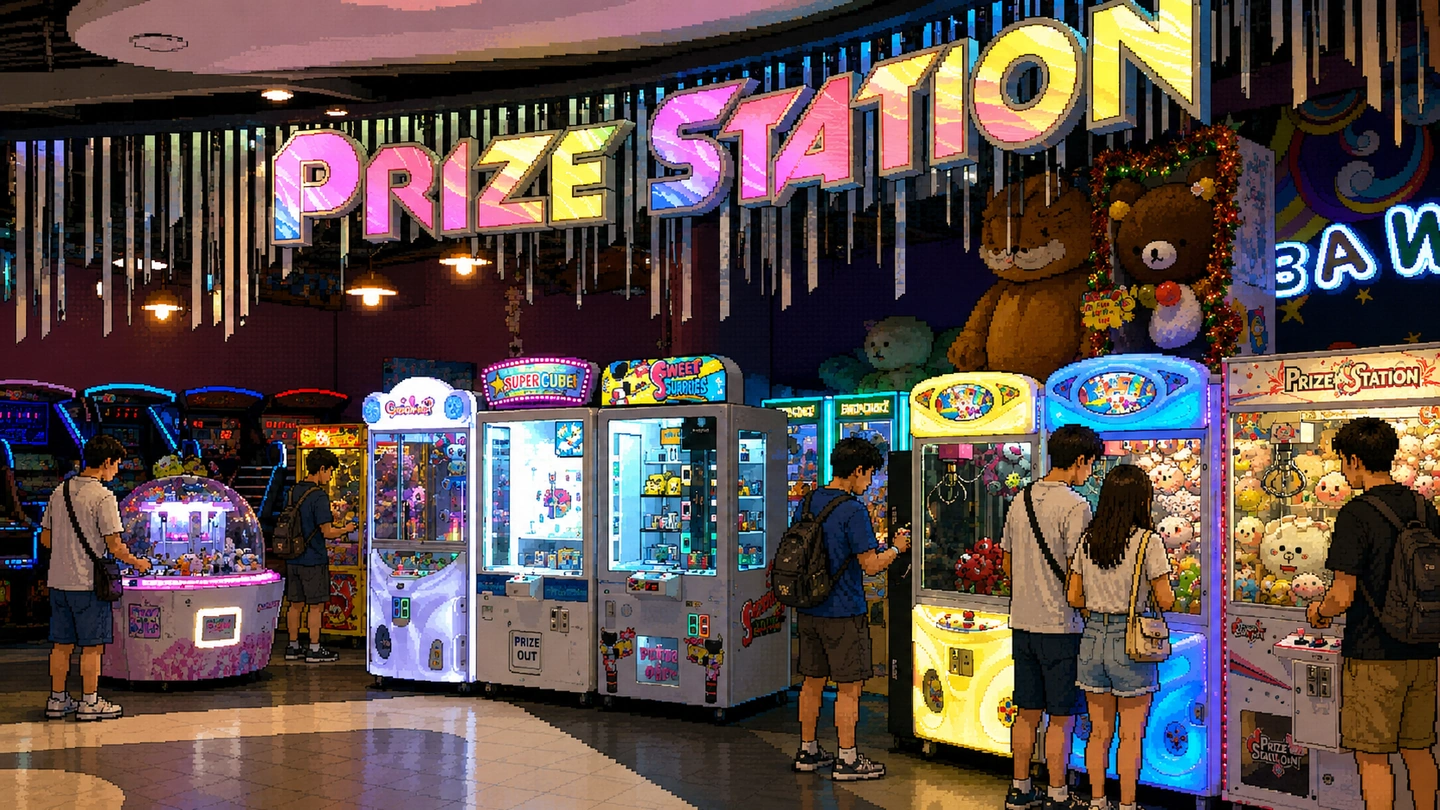 Pixel-art illustration of the Prize Station floor under its big lit sign, players spread along a row of claw and prize machines with a giant teddy bear on the wall behind.
