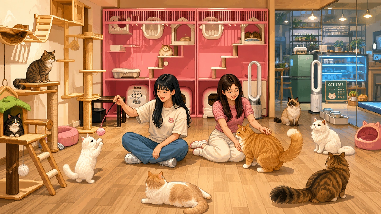 Pixel-art illustration of two women sitting on the wooden floor of QQ Cats & Cafe playing with a white kitten and a ginger cat, climbing shelves and pink cat condos around them.