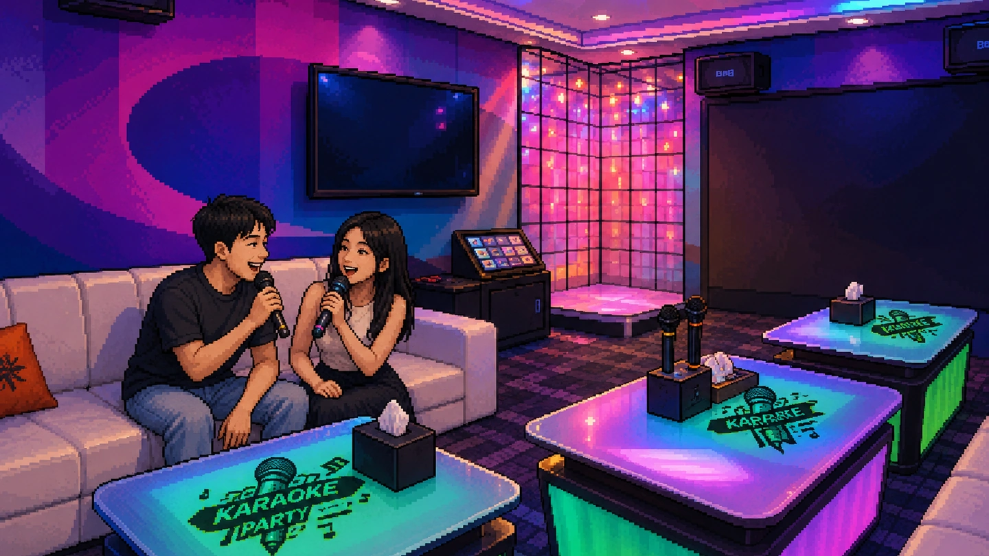 Pixel-art illustration of two people singing on a white sofa at RAVE Karaoke, colour-changing tables and a lit tile wall filling the room behind them.