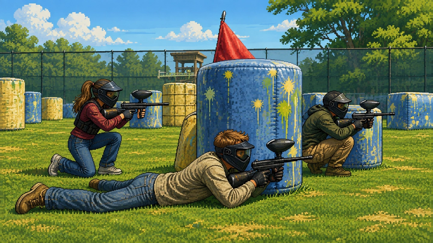 Pixel-art illustration of three masked players taking cover behind paint-splattered inflatable bunkers on the outdoor field at Red Dynasty Paintball Park.