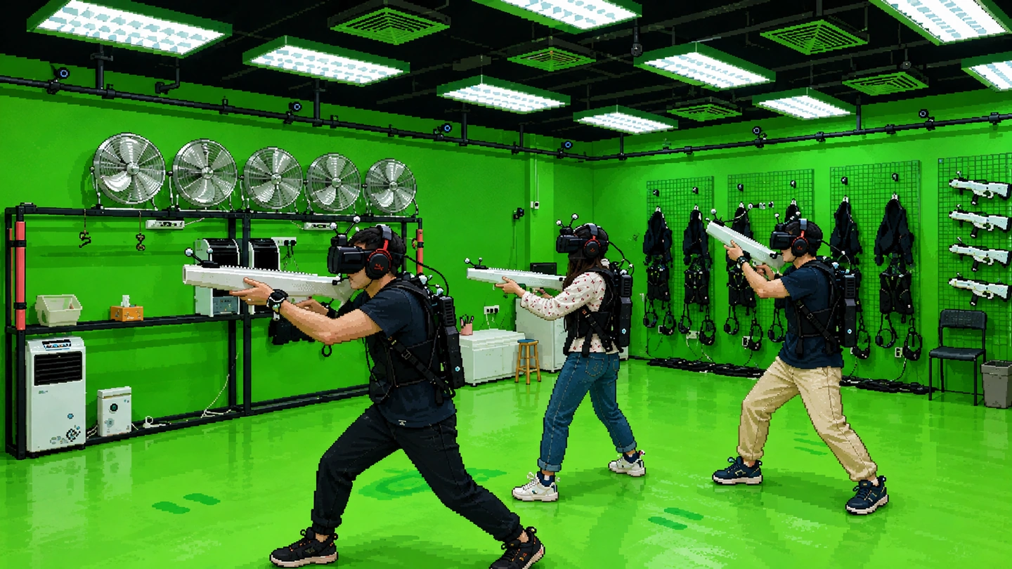 Pixel-art illustration of three players in VR headsets and tracking backpacks holding rifle controllers in a bright green free-roam arena, spare harnesses racked on the wall behind them.