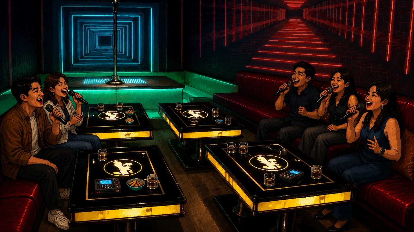 Pixel-art illustration of two groups singing into microphones on red leather banquettes in a dark karaoke room, low tables lit yellow beneath their drinks and snacks, and tunnels of blue and red neon receding along the walls behind them.