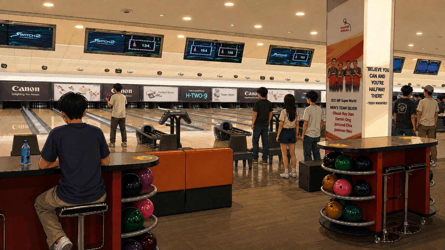 Pixel-art illustration of a bowling centre with players at several lanes, overhead score screens above them and racks of house balls around the seating.