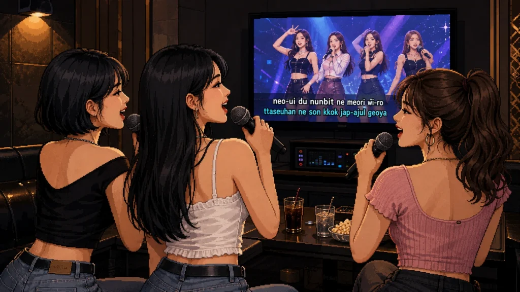 Pixel-art illustration of three friends singing into microphones in a dark karaoke room, facing a large screen showing a K-pop group and romanised lyrics, with drinks and a bowl of snacks on the table.