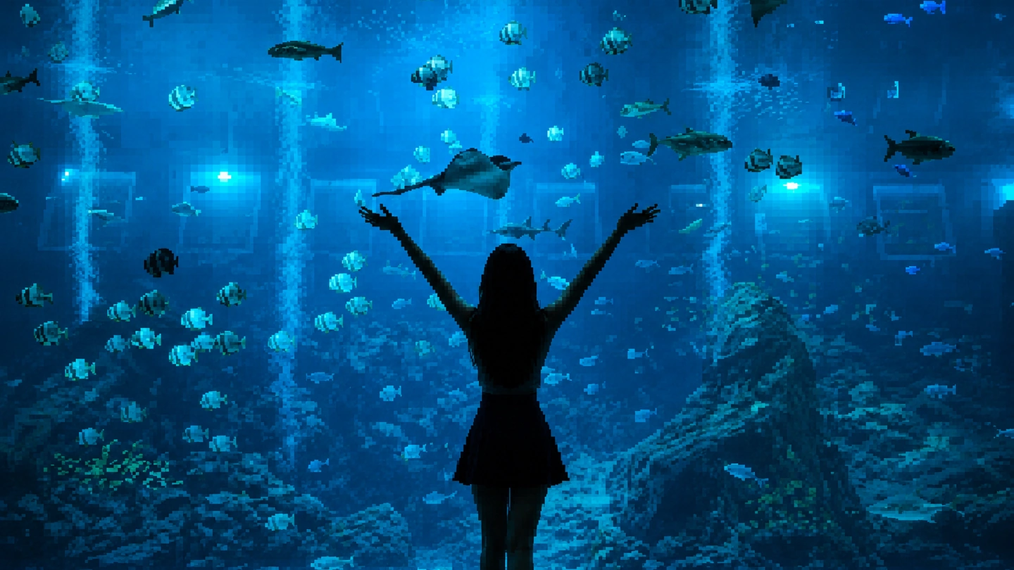 Pixel-art illustration of a visitor standing arms raised before the vast main tank at Singapore Oceanarium, silhouetted against shoals of fish, a ray and a shark in deep blue water.