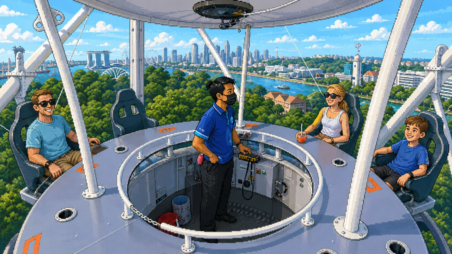 Pixel-art illustration of riders in open harnessed seats on the SkyHelix gondola, an attendant at the controls in the middle and the city skyline across the water behind them.