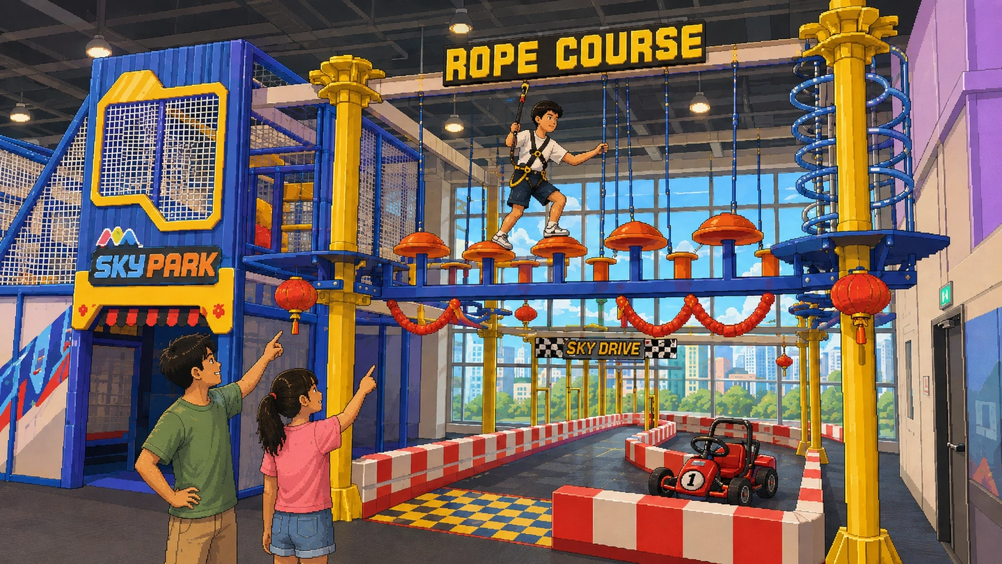 Pixel-art illustration of SkyPark by Kiztopia at Cineleisure, a harnessed boy crossing the high rope course while two children point up at him from the go-kart track below.