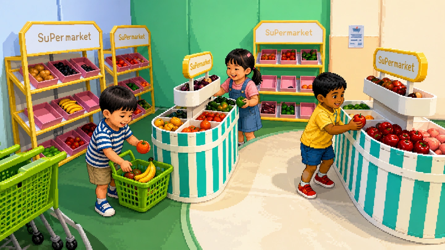Pixel-art illustration of three children playing in a miniature pretend supermarket, filling baskets from shelves and striped crates of toy fruit and vegetables.