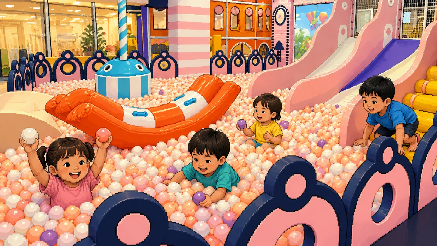 Pixel-art illustration of four toddlers playing in a pastel ball pit at Smigy, an inflatable seesaw among the balls and slides running down into it.