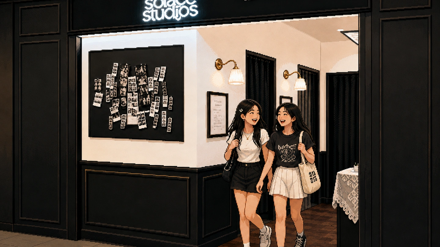 Pixel-art illustration of two friends leaving the Solace Studios shopfront laughing, a board of black-and-white photo strips pinned up beside the entrance under the lit sign.