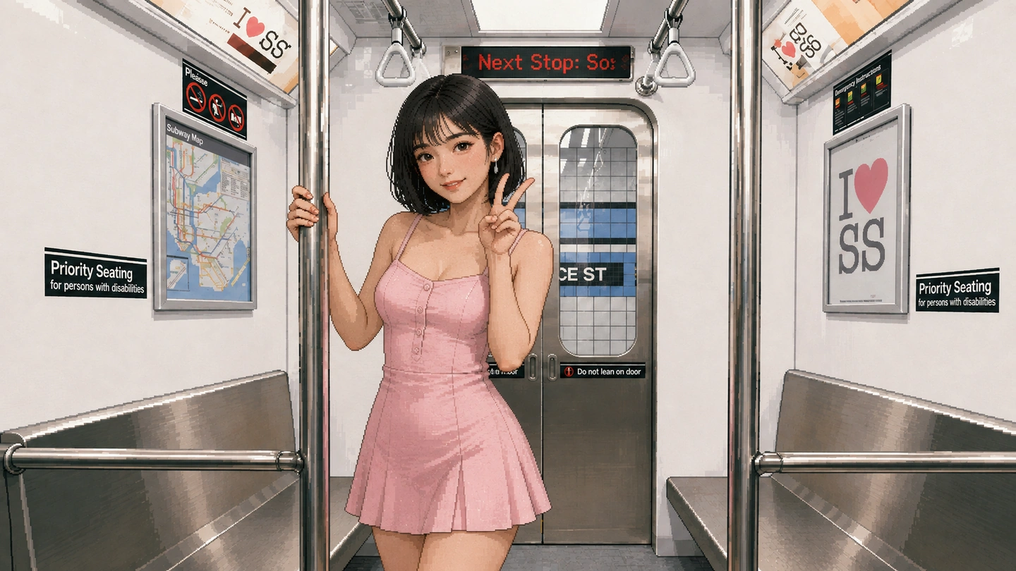 Pixel-art illustration of a woman posing in the subway-carriage photo set at Solace Studios, holding the grab pole beside the train doors with route maps and priority-seating signs on the walls.