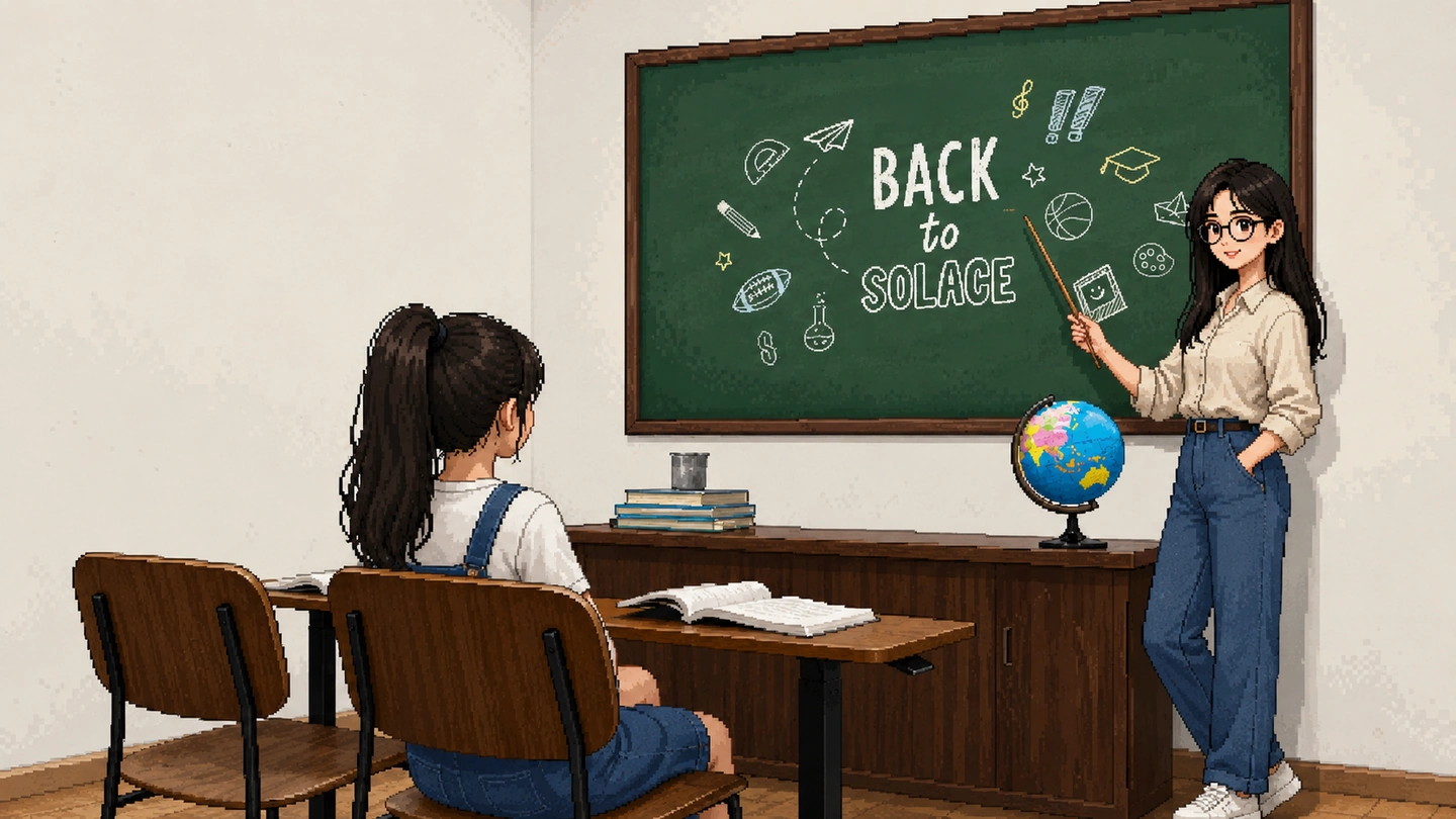 Pixel-art illustration of the classroom set at a self-photo studio, one woman at a desk with an open book and another at the blackboard with a pointer, globe and school books alongside.
