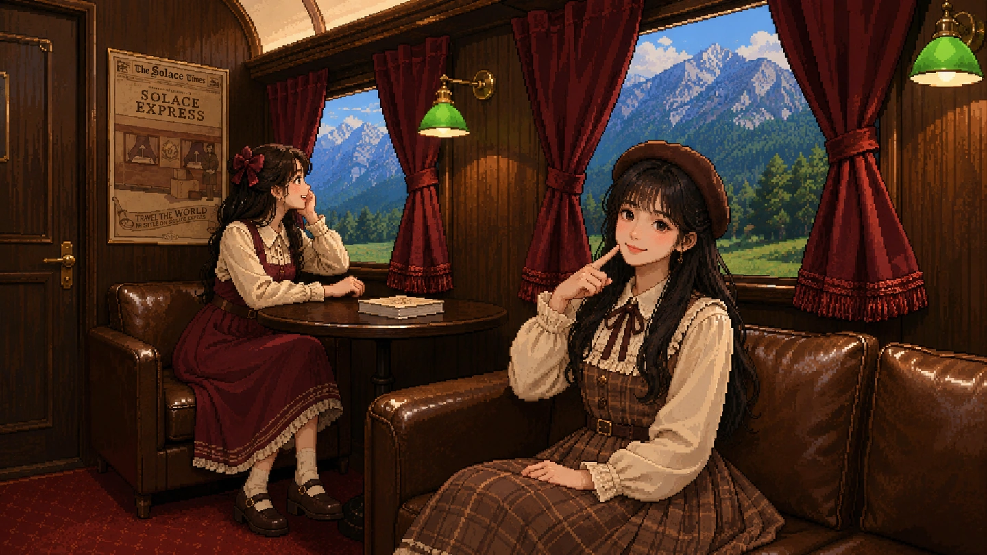 Pixel-art illustration of two women posing in a vintage train carriage set at Solace Studios, wood panelling and red curtains around them and painted mountains through the windows.