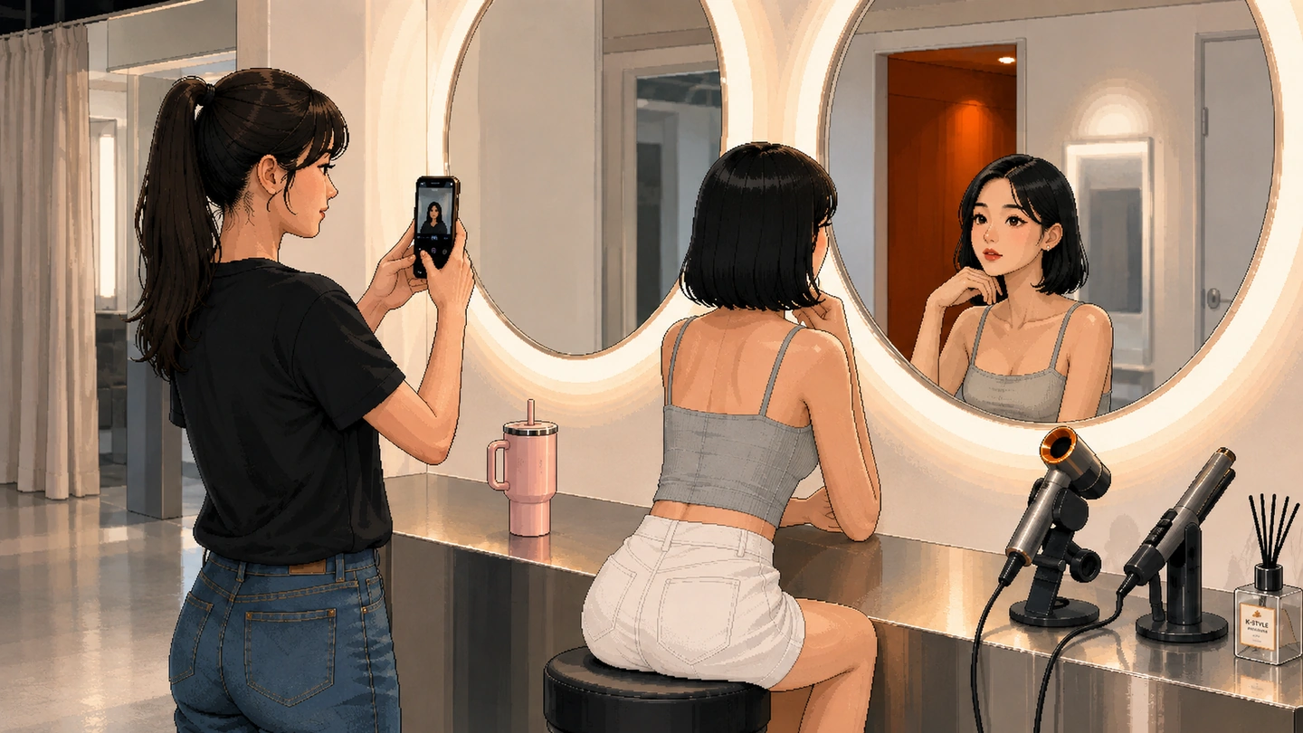 Illustration of a self-photo studio at Solace Studios VivoCity, one person posing at a lit round mirror while a friend photographs her, styling tools along the counter.