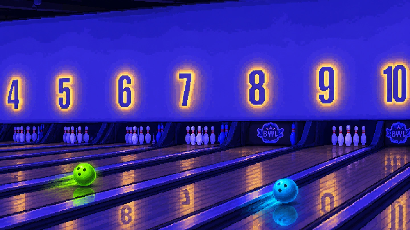 Pixel-art illustration of two balls rolling down glowing lanes at Sonic Bowl under blacklight, lit lane numbers along the wall above the pins.