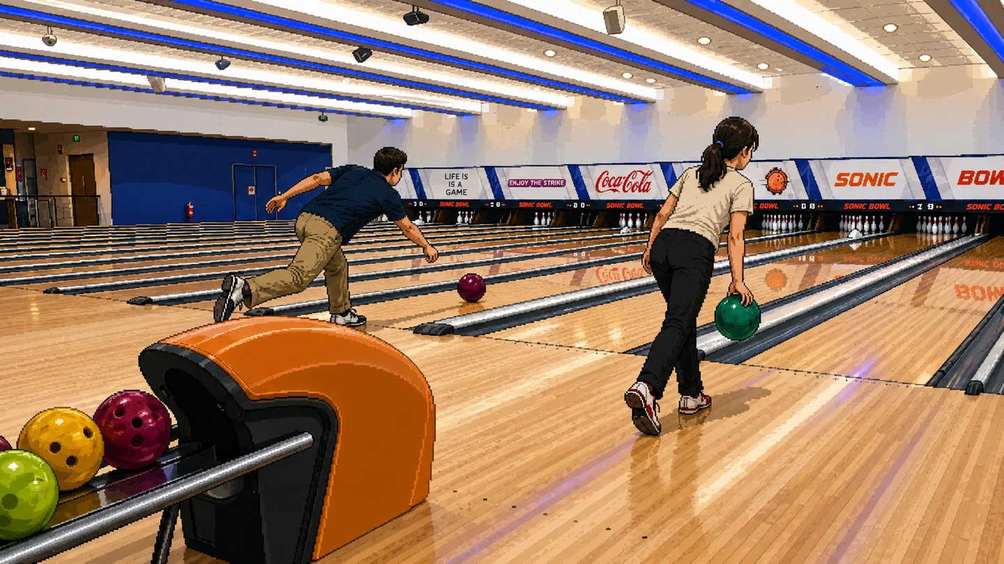 Pixel-art illustration of two bowlers mid-approach on adjacent lanes at Sonic Bowl, the ball return and a rack of house balls in the foreground.