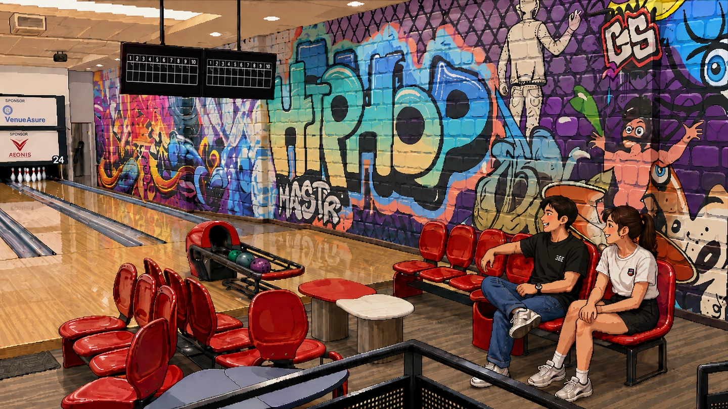Pixel-art illustration of a couple sitting in the red seating at Sonic Bowl, a graffiti mural running the length of the wall behind the lanes.