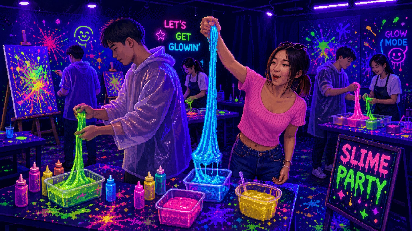 Pixel-art illustration of people stretching glowing green, blue and pink slime above tubs under blacklight at Splattify, splatter-painted canvases on easels behind them.
