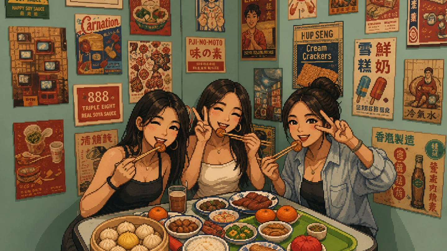 Pixel-art illustration of three friends posing for the camera in the hawker-themed photo booth at Standard Photo Studio, chopsticks raised over a table of dim sum and old advertising posters covering the wall.
