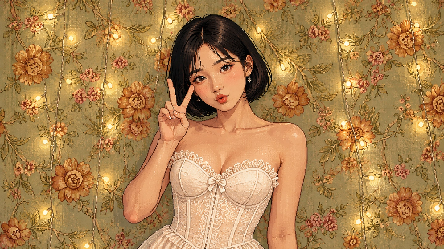 Pixel-art illustration of a woman posing with a peace sign in a white lace dress against a floral backdrop strung with warm fairy lights, one of the studio sets.