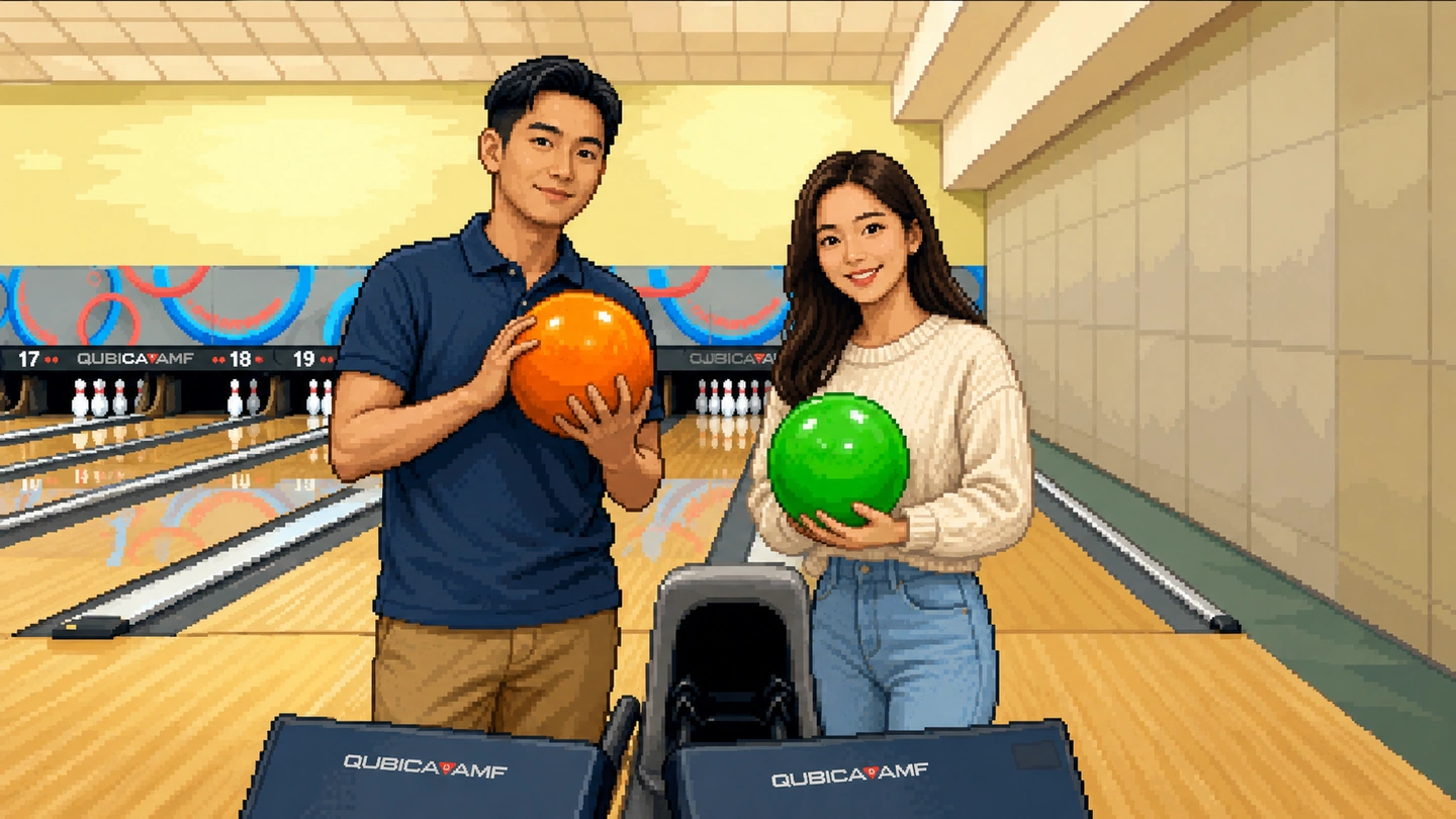 Pixel-art illustration of two bowlers holding their balls at the head of the lanes at Starbowl Bukit Batok, ball returns in front of them and pins set behind.